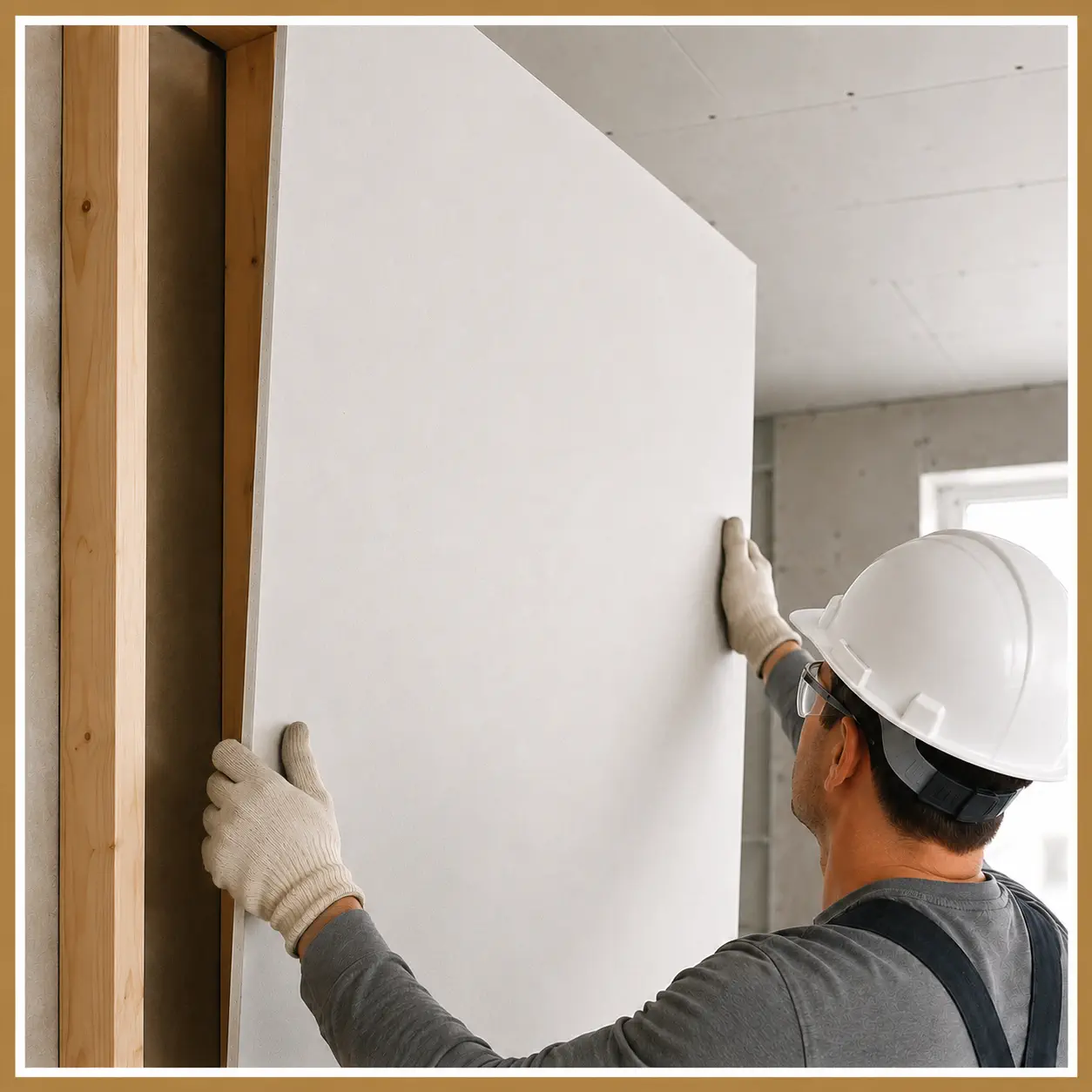 Worker in a hard hat positioning a drywall sheet against wood framing