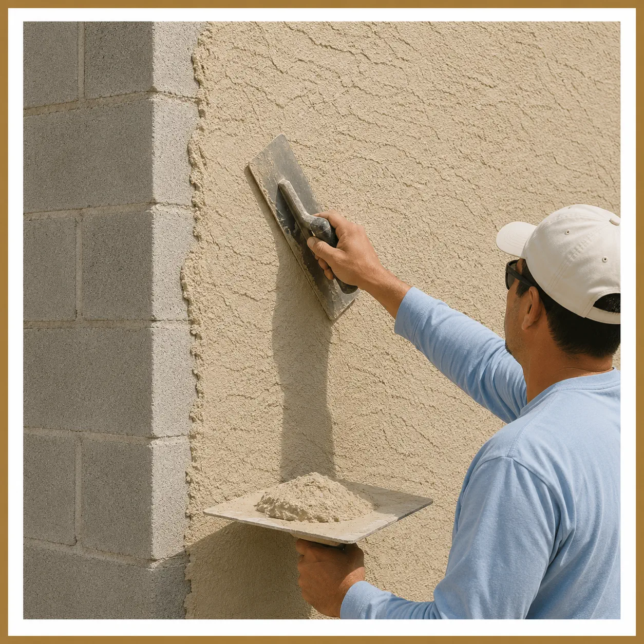 Gloved hand troweling stucco over lath and block wall